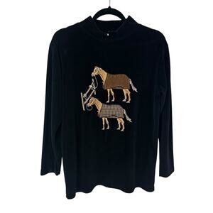 Vintage BellePointe Black Velour Horse Embroidered Pullover Top Womens Small